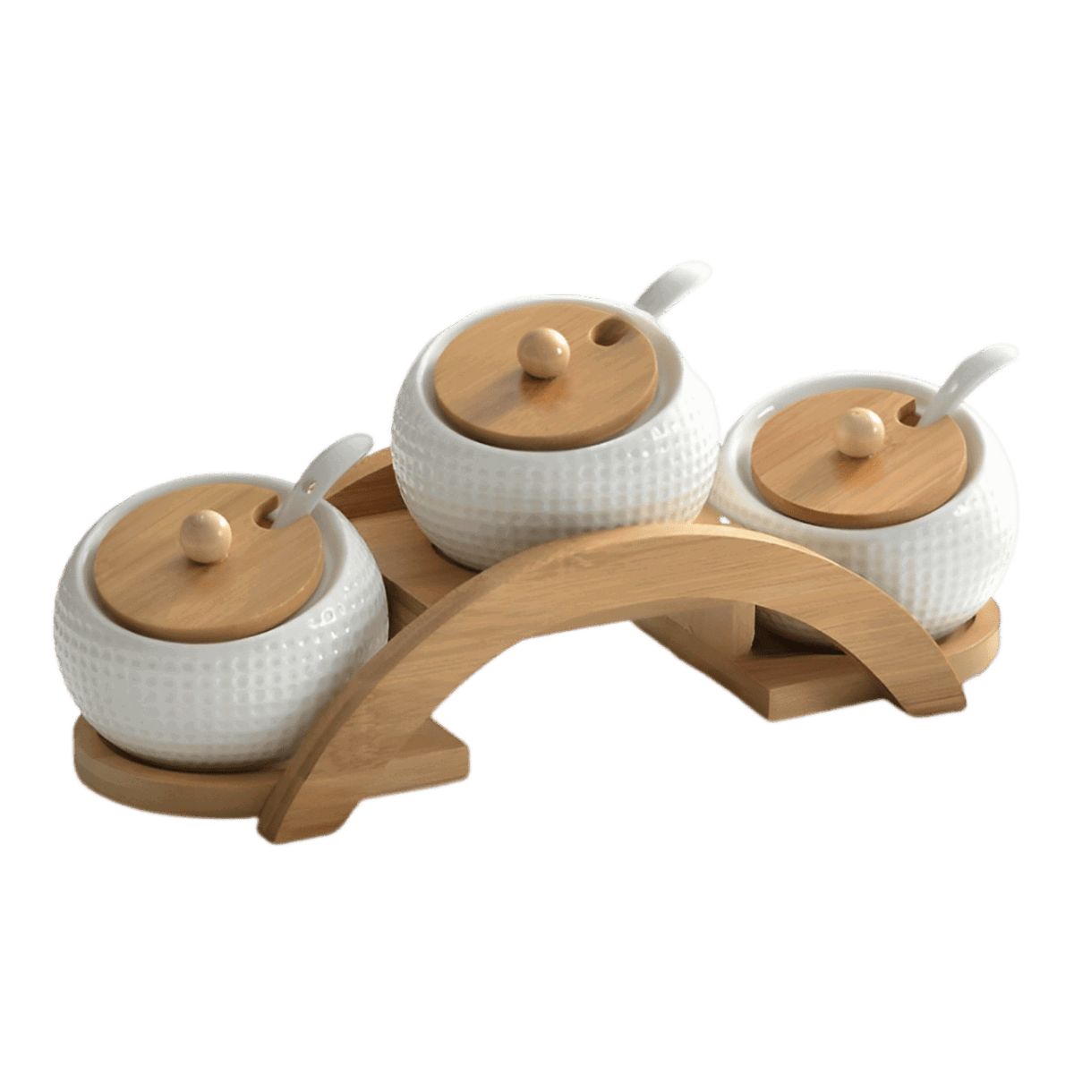 Conjuntos Porta Temperos de Cerâmica e Base de Bambu