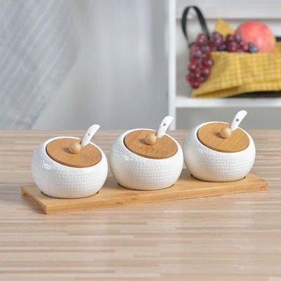 Conjuntos Porta Temperos de Cerâmica e Base de Bambu